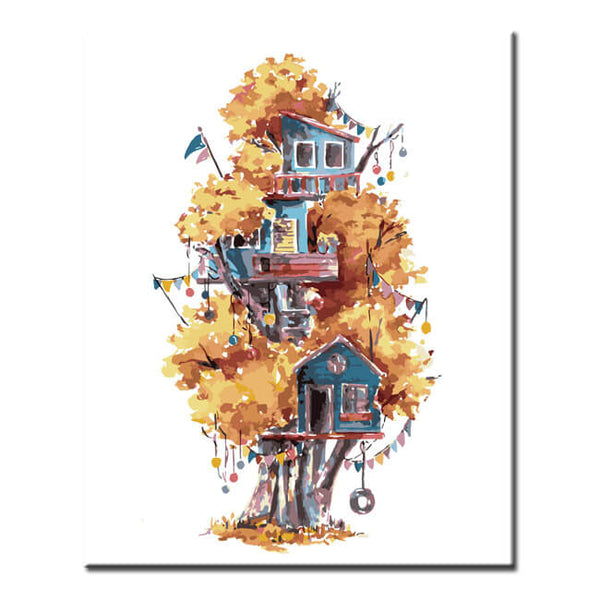Malen nach Zahlen Kunst Illustration mehrere Baumhäuser im gelben Baum