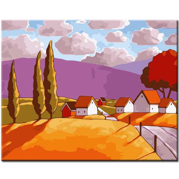 Malen nach Zahlen Kunst Illustration Landschaft mit Bergen und Bäumen