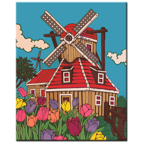 Malen nach Zahlen Niederlande Holland Windmühle Blumen