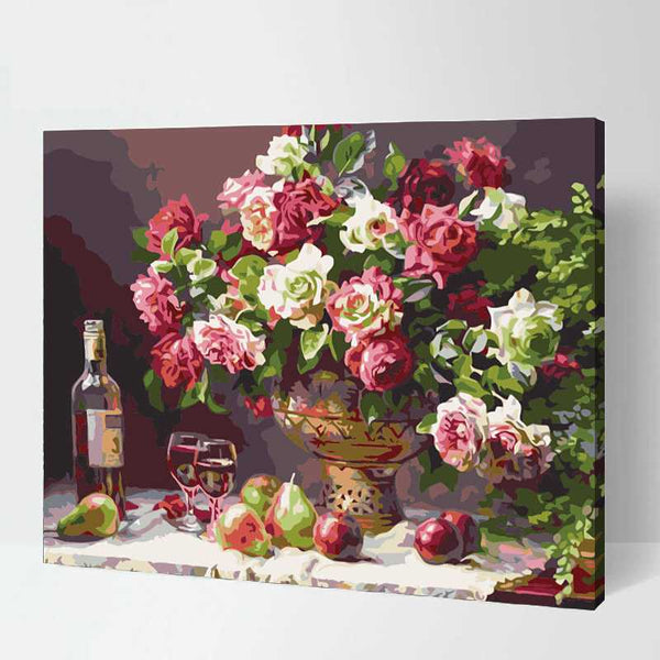 Malen nach zahlen stillleben blumen apfel wein