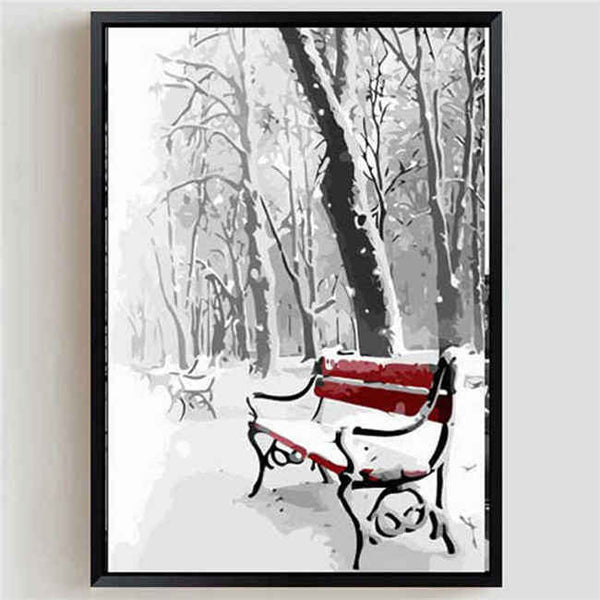 Malen nach zahlen winter rote parkbank